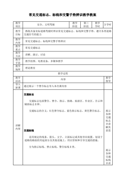 常见交通标志标线辨识教学教案