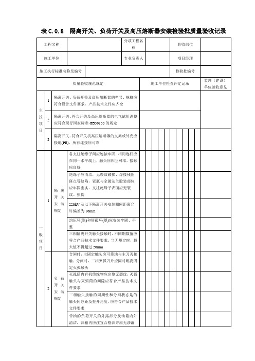 表C.0.8  隔离开关、负荷开关及高压熔断器安装检验批质量验收记录(2019版)