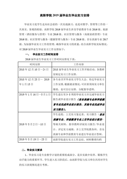 高职学院2019届毕业生毕业实习安排