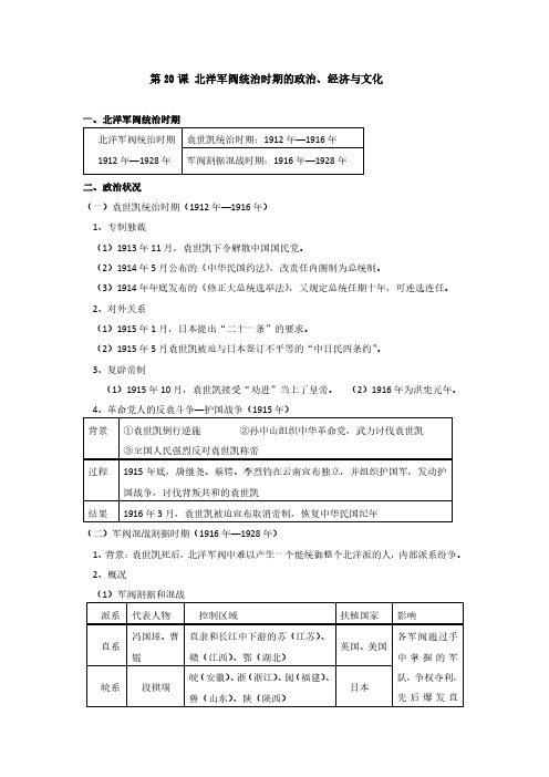 第20课《北洋军阀统治时期的政治》知识点总结