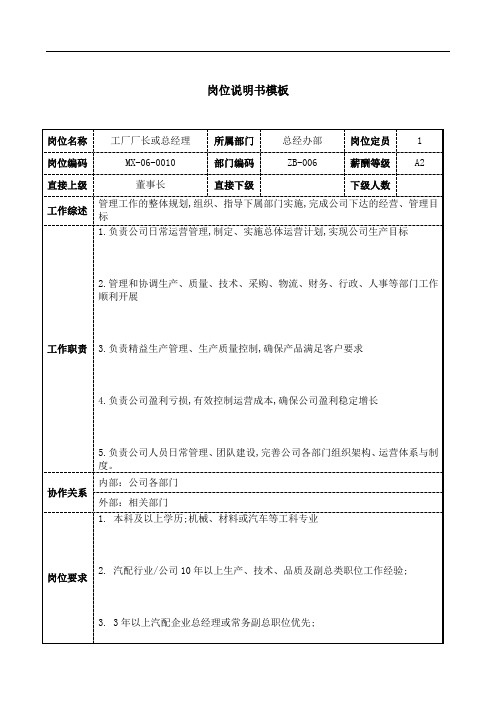工厂厂长或总经理岗位说明书JD模板