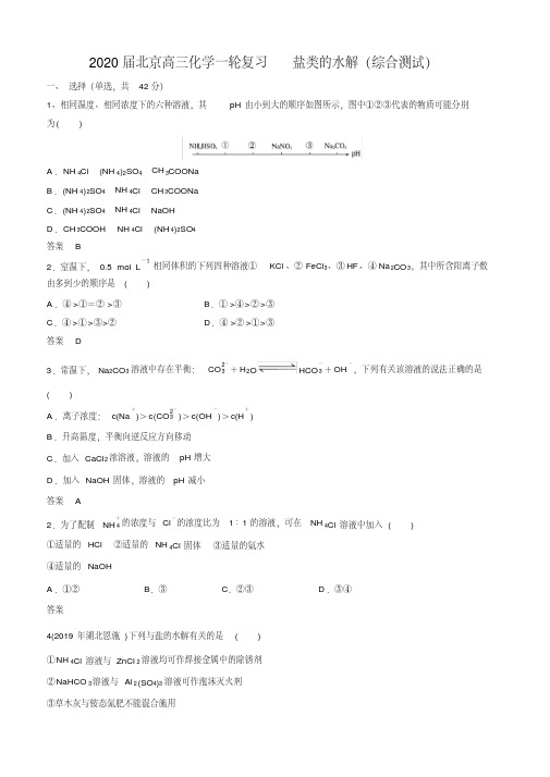 2020届北京高三化学一轮复习盐类的水解(综合测试)