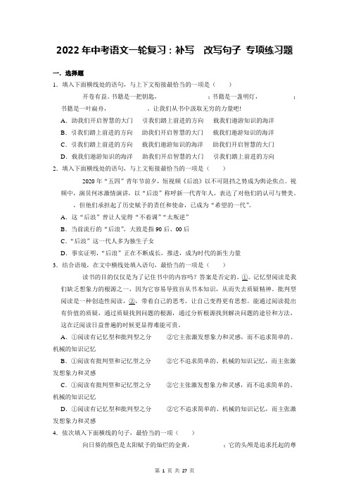 2022年中考语文一轮复习：补写  改写句子 专项练习题(含答案解析)