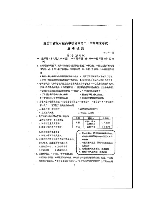 河北省廊坊市省级示范高中2016-2017学年高二历史下学期期末考试试题(扫描版)