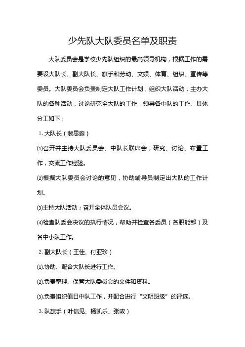 少先队大队委员名单及职责