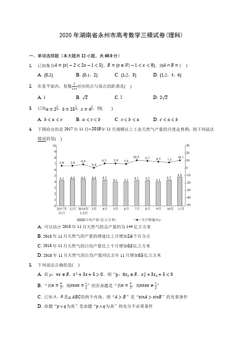 2020年湖南省永州市高考数学三模试卷(理科) (含答案解析)