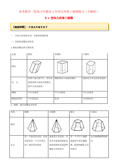 高考数学一轮复习专题9.1空间几何体三视图练习(含解析)