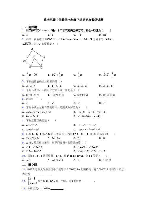 重庆巴蜀中学数学七年级下学期期末数学试题