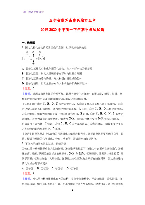 2019-2020学年辽宁省葫芦岛市兴城市三中高一下学期中考试生物试题(解析版)