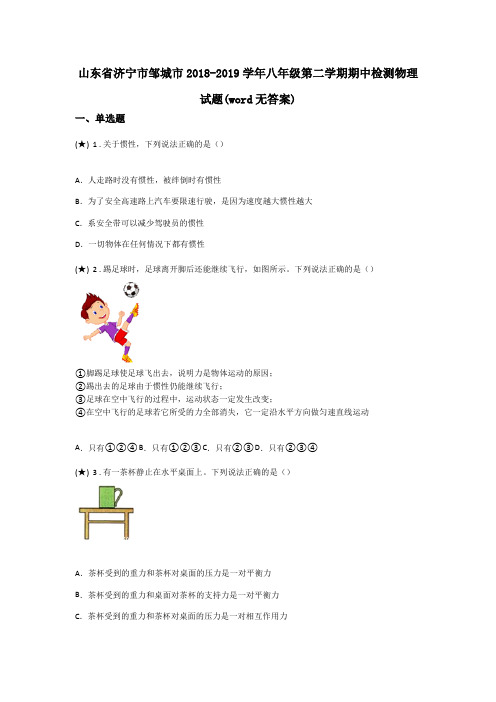 山东省济宁市邹城市2018-2019学年八年级第二学期期中检测物理试题(word无答案)