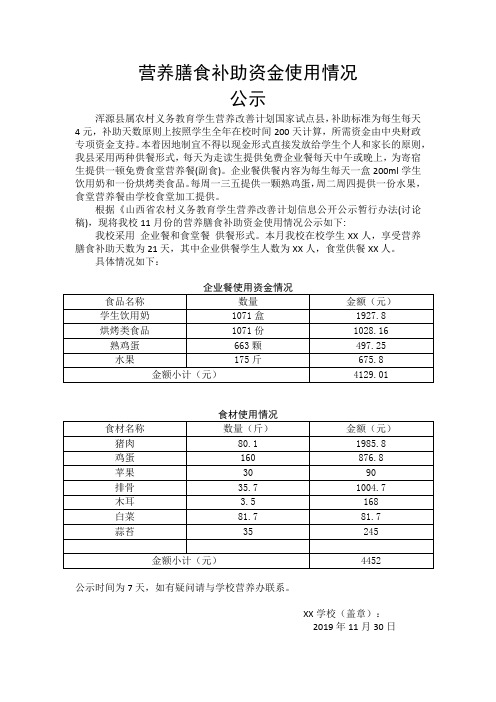 膳食补助资金公示