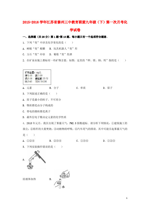 江苏省泰州三中2015_2016学年九年级化学下学期第一次月考试题(含解析)沪教版