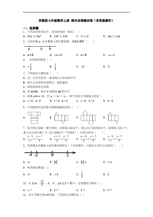 苏教版七年级数学上册 期末试卷测试卷(含答案解析)