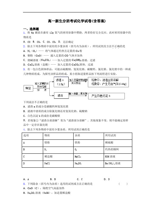 高一新生分班考试化学试卷(含答案)