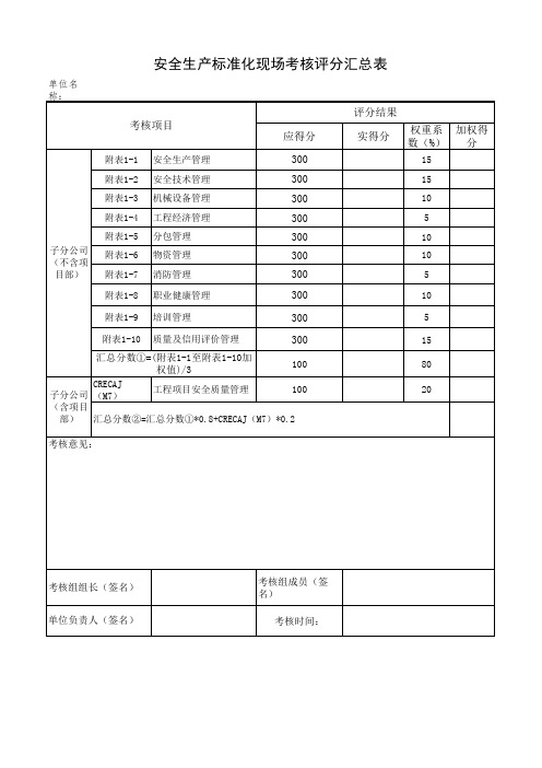 安全生产标准化现场考核评分汇总表