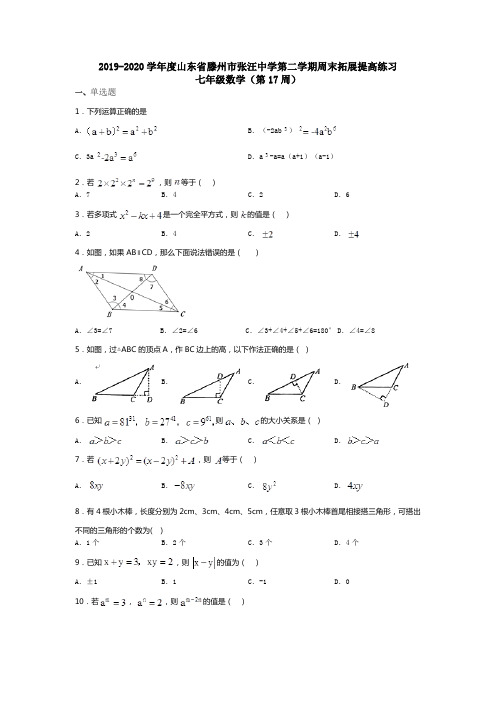 2019-2020学年山东省滕州市张汪中学第二学期周末拓展提高练习七年级数学(第17周)(无答案)