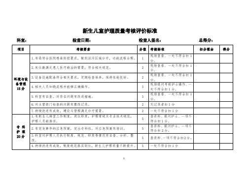 新生儿室护理质量考核评价标准