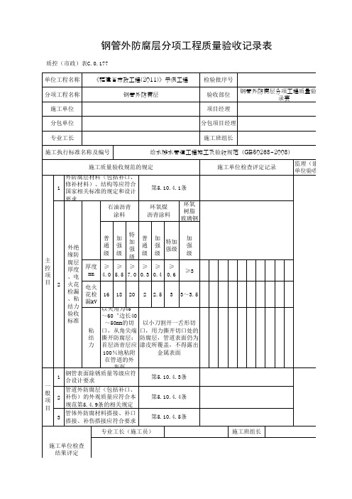 钢管外防腐层分项工程质量验收记录表