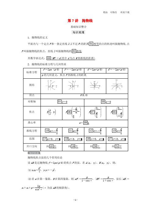 北师大版2021高考数学一轮复习统考第9章平面解析几何第7讲抛物线学案含解析 