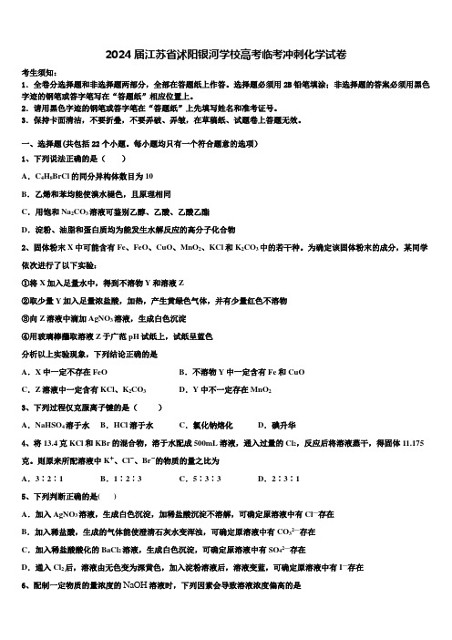 2024届江苏省沭阳银河学校高考临考冲刺化学试卷含解析