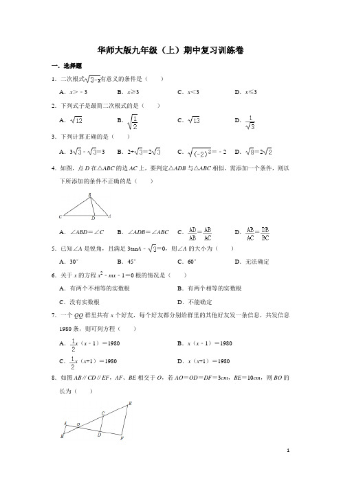 华师大版九年级(上)期中复习训练卷含答案
