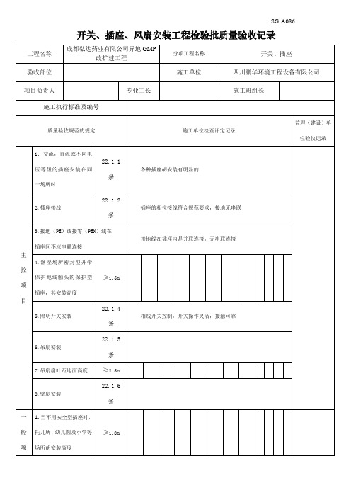 开关插座风扇安装工程检验批质量验收记录