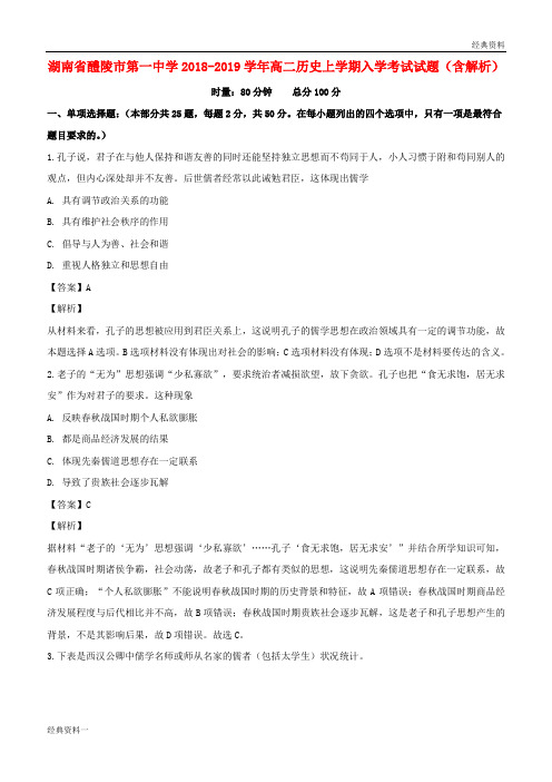 湖南省醴陵市第一中学2018-2019学年高二历史上学期入学考试试题(含解析)