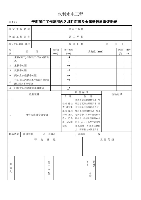 表2.6-5  平面闸门工作范围内各埋件距离及金属喷镀质量评定表