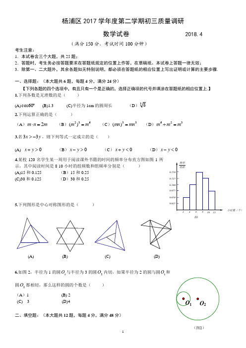 上海市杨浦区2017-2018学年初三二模数学试题(word版含答案)