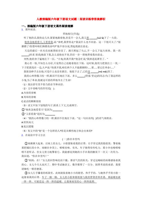 人教部编版六年级下册语文试题∶阅读训练带答案解析