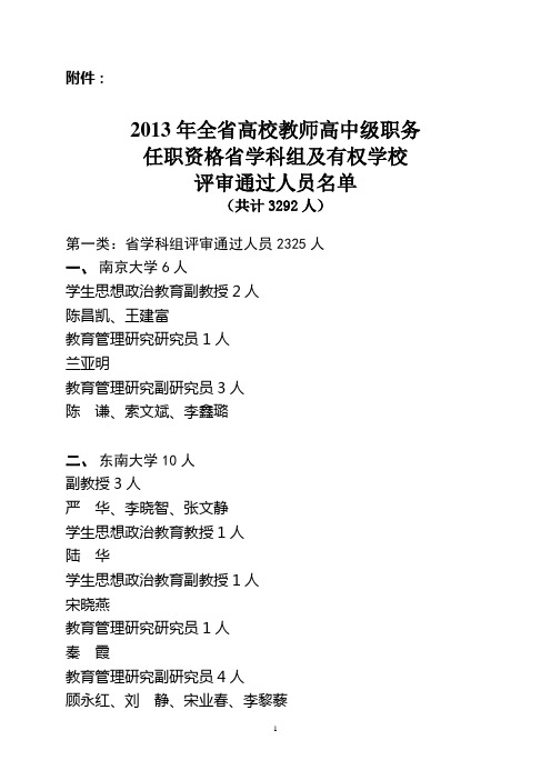 2013年江苏省高校教师高中级职务任职资格省学科组及有权学校评审通过人员名单