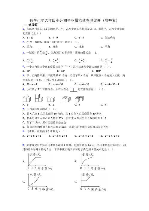 数学小学六年级小升初毕业模拟试卷测试卷(附答案)