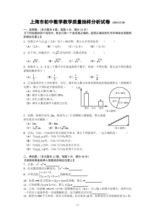 上海市2013年中考数学抽样调查试卷与答案