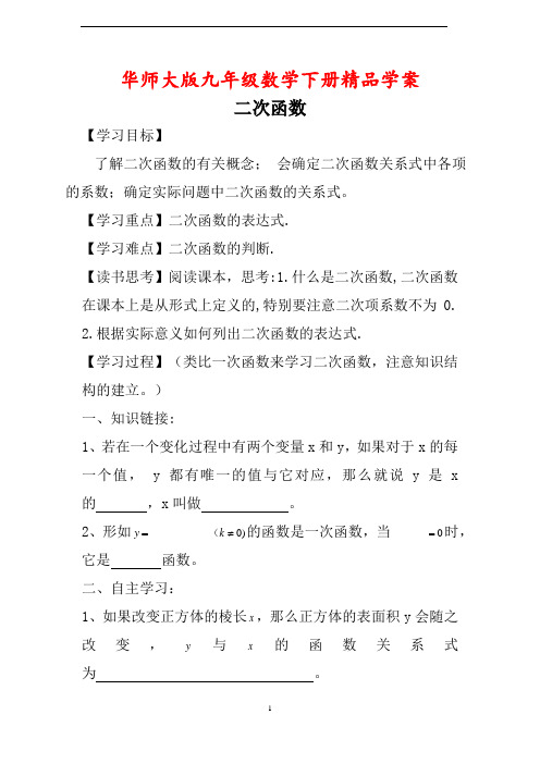 初三九年级数学下册《【学案】  二次函数》【华师大版适用】