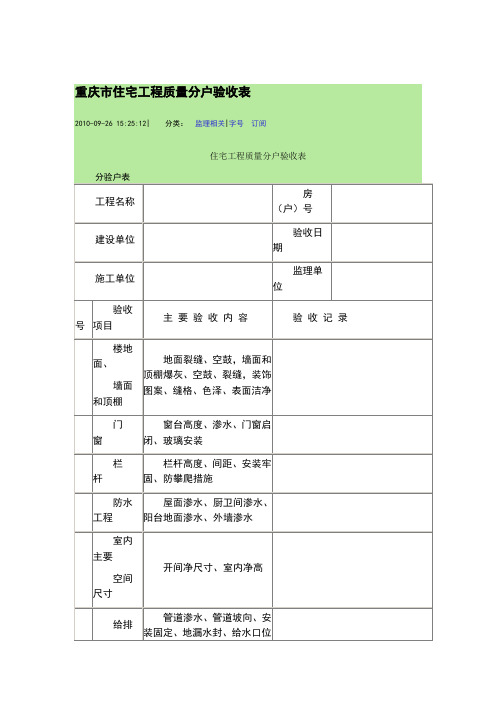 重庆市住宅工程质量分户验收表