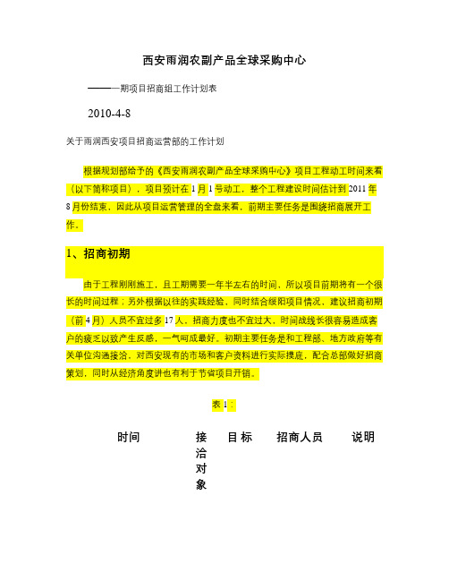 关于雨润西安项目招商运营工作组的工作计划剖析