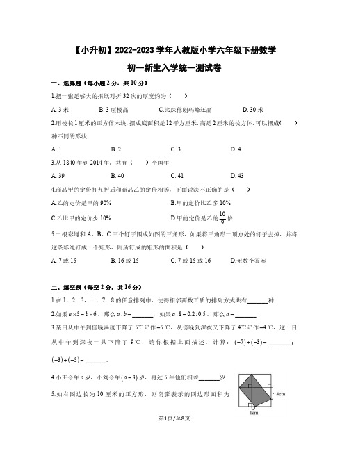 小升初2022-2023学年人教版小学六年级下册数学初一新生入学统一测试卷(含答案)