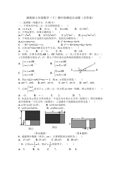2018年湘教版七年级数学下期中检测综合试题含答案 精