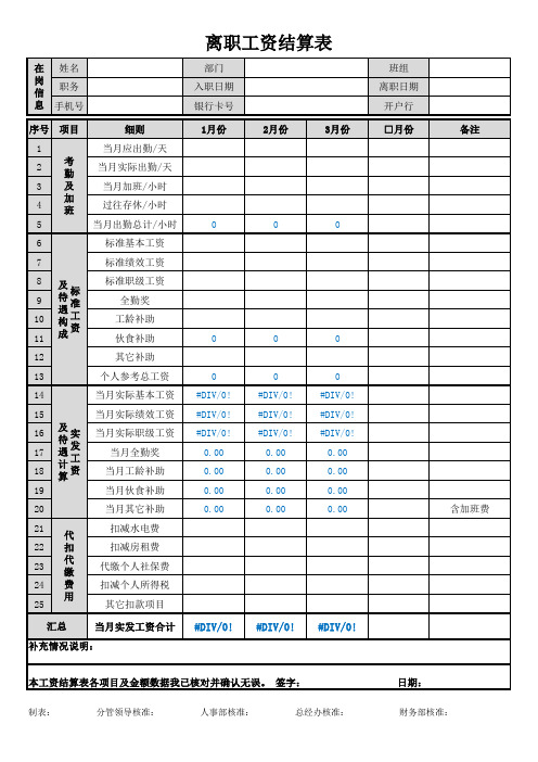 离职工资结算表(模板)