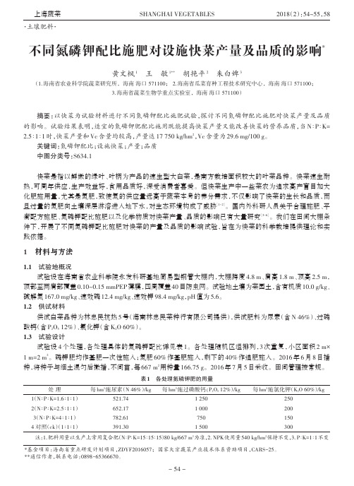 不同氮磷钾配比施肥对设施快菜产量及品质的影响
