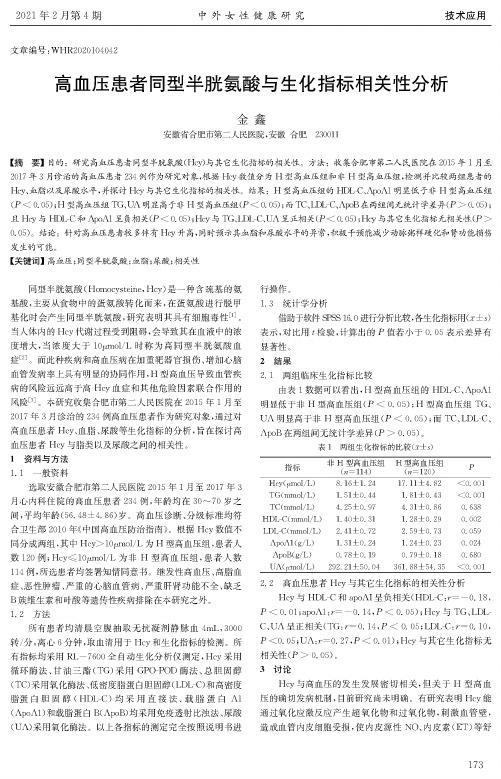 高血压患者同型半胱氨酸与生化指标相关性分析
