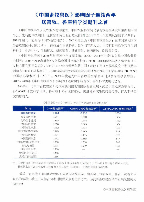《中国畜牧兽医》影响因子连续两年居畜牧、兽医科学类期刊之首