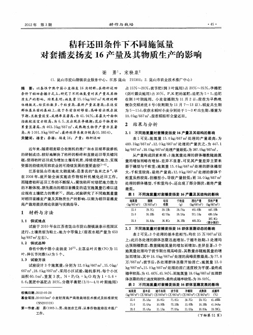 秸秆还田条件下不同施氮量对套播麦扬麦16产量及其物质生产的影响