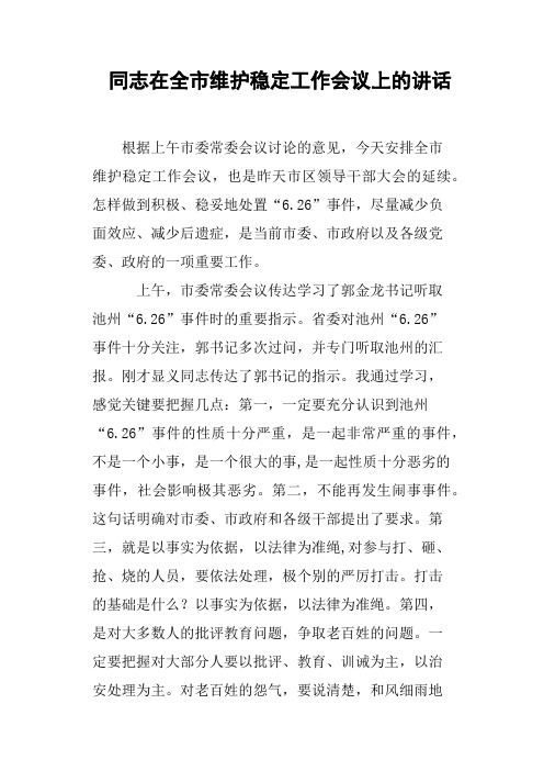 同志在全市维护稳定工作会议上的讲话