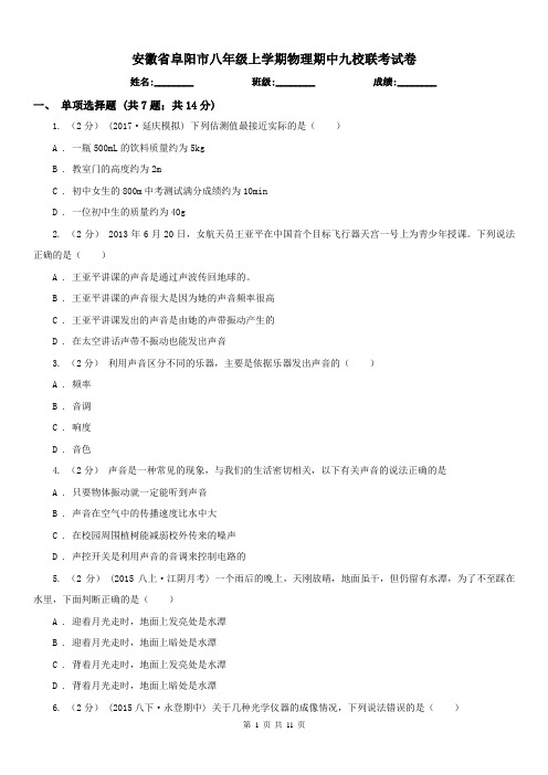 安徽省阜阳市八年级上学期物理期中九校联考试卷