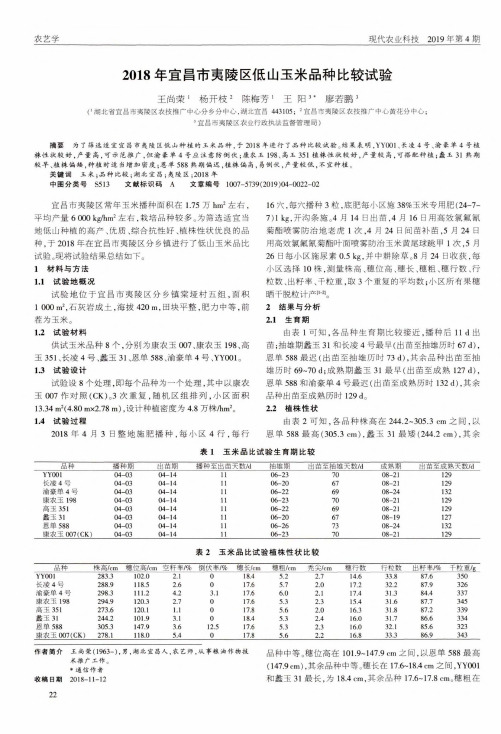 2018年宜昌市夷陵区低山玉米品种比较试验