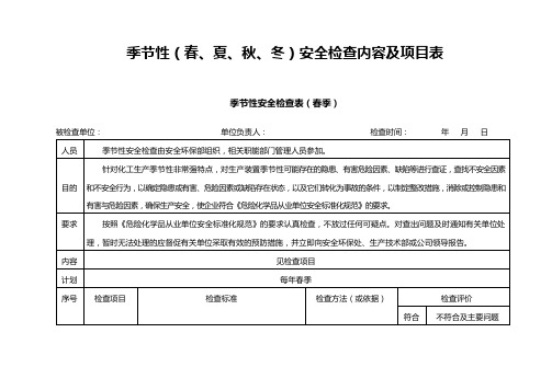 季节性(春、夏、秋、冬)安全检查内容及项目表