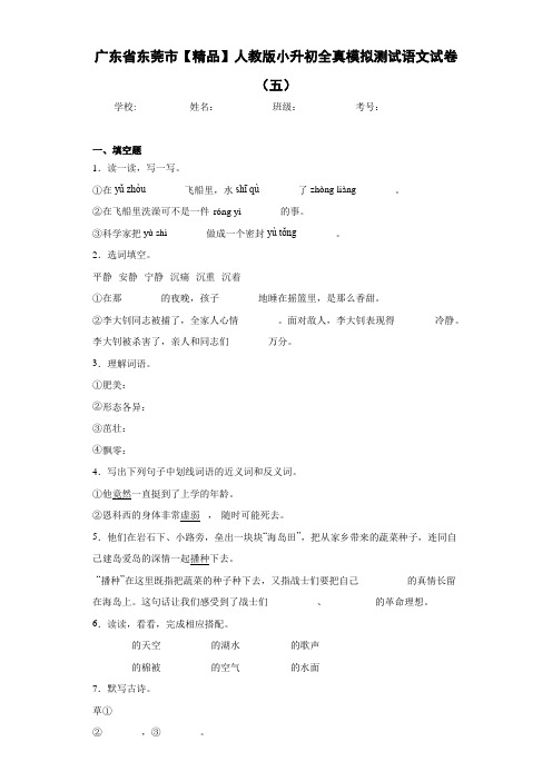 小学广东省东莞市人教版小升初全真模拟测试语文试卷(五)(含答案解析)