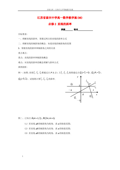 高中数学第2章平面解析几何初步1直线的斜率教学案无答案苏教版必修2