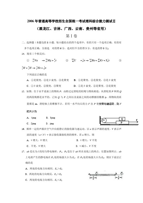 2006年全国高考卷2物理试题及答案(精编清晰)